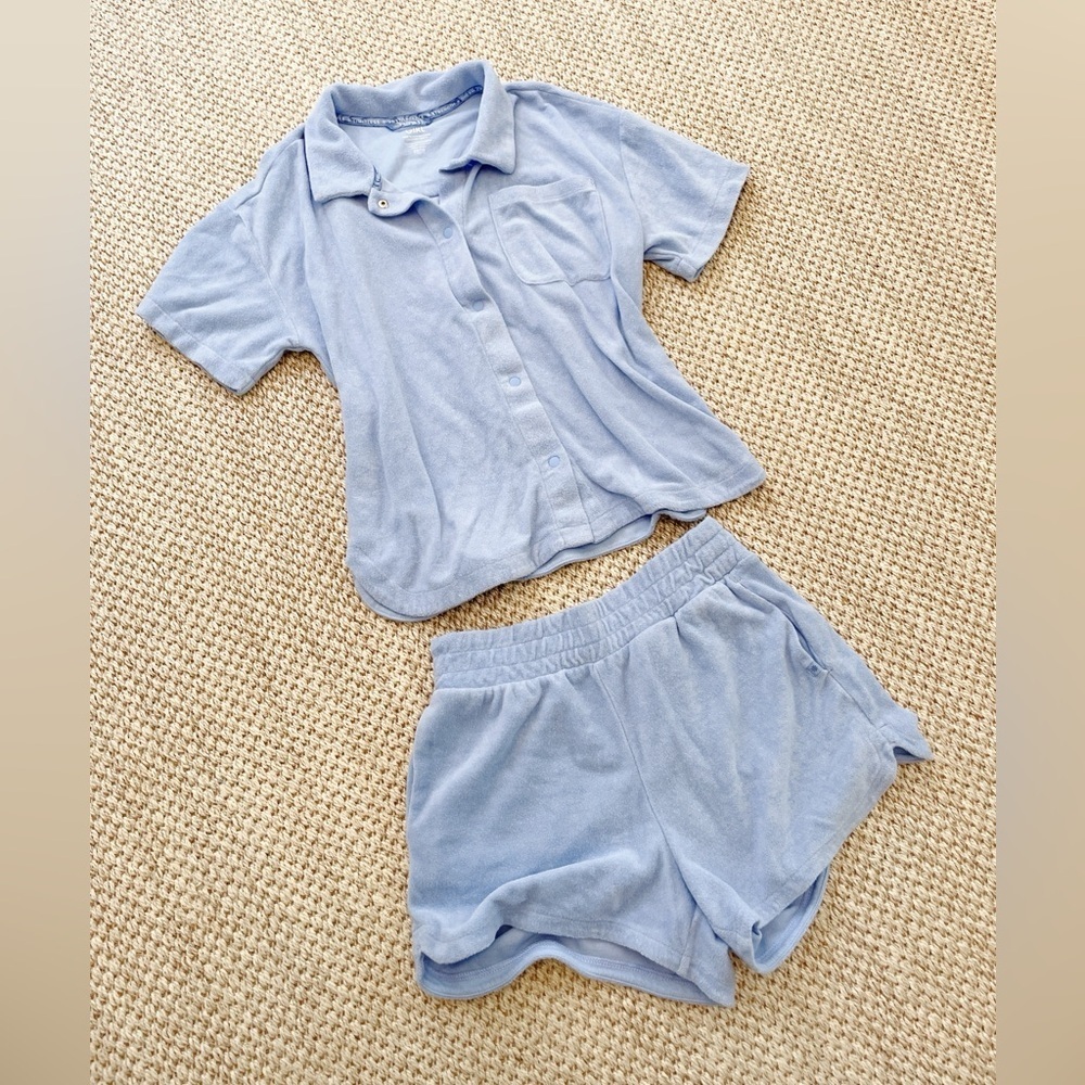 Athleta Girl terry cloth Lounge Set button down short sleeve shirt Shorts XXL 16